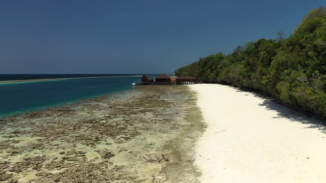 Drone going to a dock on a tropical island with white sand, palm trees and coral reef