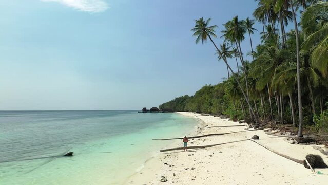 Drone view of a person walking on a peaceful tropical beach
