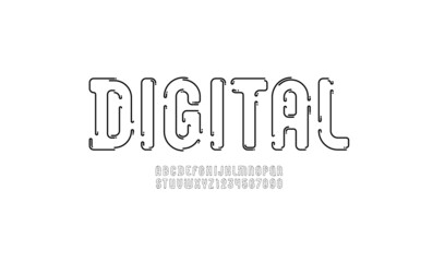 Digital thin font, tech alphabet, letters from A to Z and numbers from 0 to 9