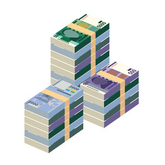 Kyrgyz som Vector Illustration. Kyrgyzstan money set bundle banknotes. Paper money 500, 1000, 2000, 5000 som. Flat style. Isolated on white background. Simple minimal design.