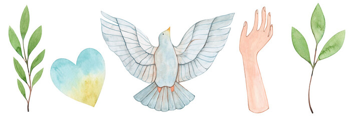 Peace dove watercolor set isolated on white background. Green twigs, human hand, Ukrainian flag heart, bird. Symbol of freedom.
