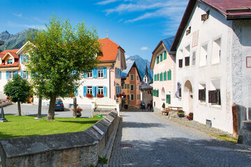 Small street of houses in Swiss Alpine village