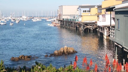 Colorful wooden houses on piles or pillars, ocean bay or harbor, sea water. Old Fisherman's Wharf....