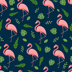 Seamless pattern with tropical bird flamingo, leaves and monster. Texture with a bird for textiles, wallpaper, print design, clothes postcards. Vector illustration.