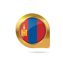 Obraz premium Flag of Mongolia, location map pin, pointer flag, button with the reflection of light and shadow, gold frame, Icon country. Realistic vector illustration on white background