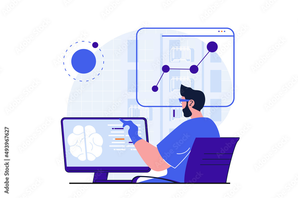 Poster science research modern flat concept for web banner design. scientist studies brain and analyzes dat