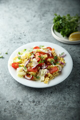 Pasta salad with mozzarella, red onion and tomato