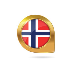 Flag of Norway, location map pin, pointer flag, button with the reflection of light and shadow, gold frame, Icon country. Realistic vector illustration on white background