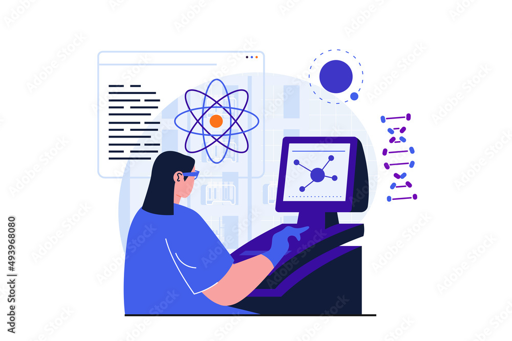Aufkleber science research modern flat concept for web banner design. woman scientist researches atomic struct