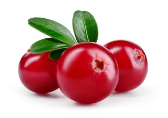 Cranberry isolated. Cranberries with leaves on white background. Three cranberry berries with...