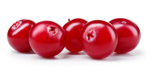 Cranberry isolated. Cranberries on white background. Five cranberry berries with clipping path. Full depth of field.