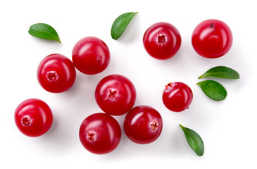 Cranberry isolated. Cranberries with leaves on white background. Cranberry berries top view with...