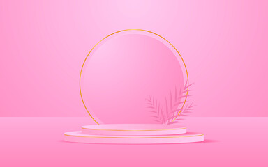 Abstract background scene. Pink pedestal with golden circle lines and leaves in the back for product presentation. Cosmetic product display. vector illustration
