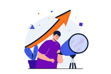 Searching for opportunities modern flat concept for web banner design. Businessman look into spyglass, successfully develop business and build career. Illustration with isolated people scene