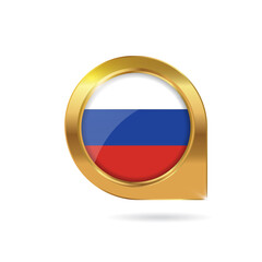 Fototapeta premium Flag of Russia, location map pin, pointer flag, button with the reflection of light and shadow, gold frame, Icon country. Realistic vector illustration on white background