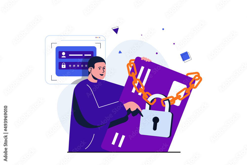 Poster secure payment modern flat concept for web banner design. man trusts safety of financial accounts to