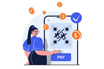 Secure payment modern flat concept for web banner design. Woman buys securely on Internet and makes transaction using QR code on smartphone application. Illustration with isolated people scene