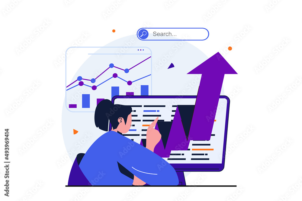 Poster seo analysis modern flat concept for web banner design. man with magnifier analyzes data and search 