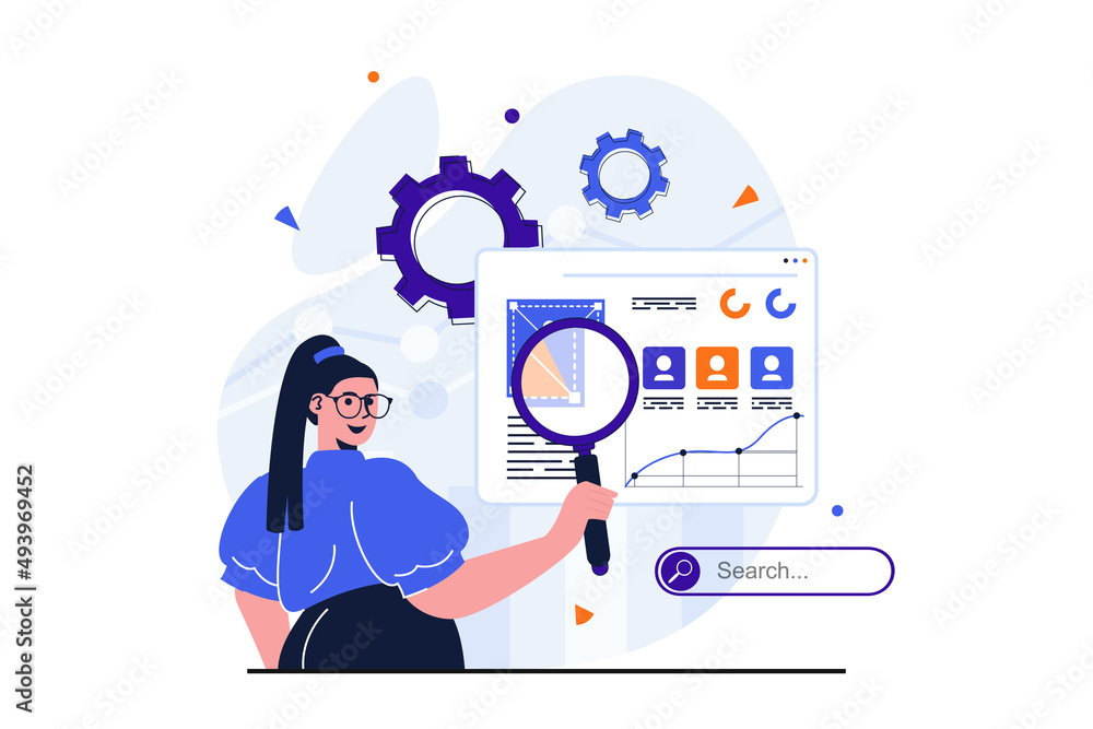 Aufkleber seo analysis modern flat concept for web banner design. woman with magnifier analyzes search results