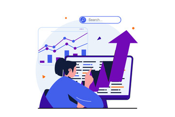 Seo analysis modern flat concept for web banner design. Man with magnifier analyzes data and search results, improves rankings and optimizes site. Illustration with isolated people scene