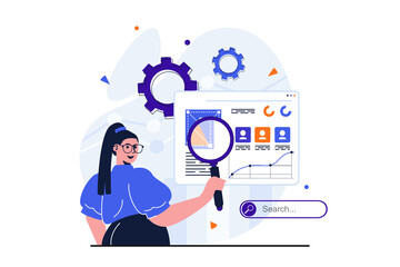 Seo analysis modern flat concept for web banner design. Woman with magnifier analyzes search results and marketing research, promotes site rating. Illustration with isolated people scene - obrazy, fototapety, plakaty