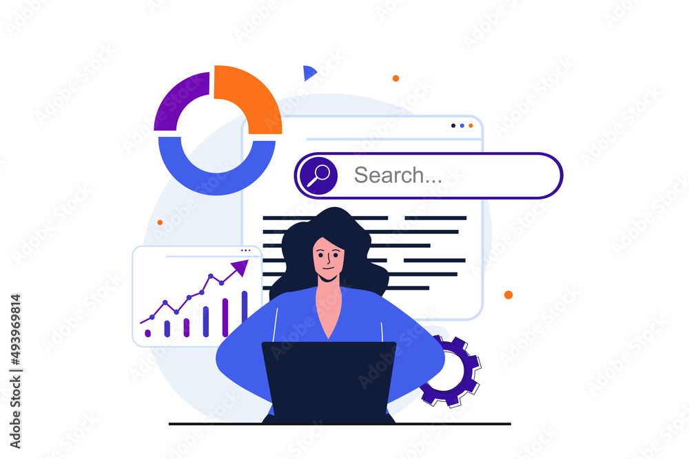 Fototapete seo analysis modern flat concept for web banner design. woman analyst studies data, selects keywords