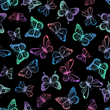 Bright butterflies seamless pattern on black background
