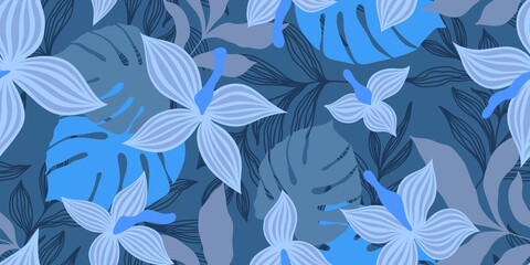 VECTOR SEAMLESS BLUE BANNER WITH GRAY FLOWERS AND COLORFUL TROPICAL LEAVES