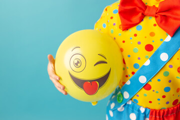 A bright yellow ball with a cheerful face in the hands of a clown child. Birthday and 1 April Fool's day concept