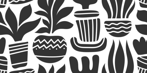 VECTOR SEAMLESS WHITE BANNER WITH BLACK SILHOUETTES OF EXOTIC FLOWERS IN POTS
