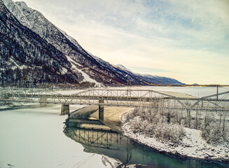 Aerial view of the Knik River Bridge in Palmer, Alaska