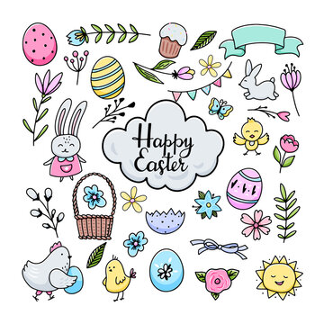 Happy Easter set of doodle elements. Vector hand drawn easter collection isolated on white background images