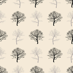 .Black and gray trees on a light beige background.  Vector seamless pattern. Deciduous forest design.