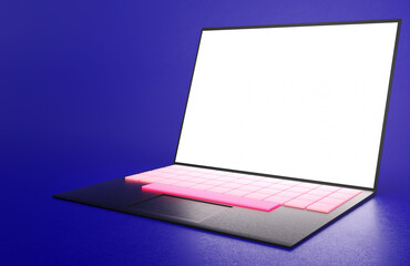 Laptop with glowing white screen and lighting keyboard