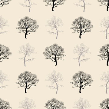 .Black and gray trees on a light beige background.  Vector seamless pattern. Deciduous forest design.