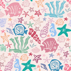 Beautiful seamless pattern with seaweeds, Sea underwater plants, ocean coral reef and aquatic kelp, sea star, algae, seashells, jellyfish. Marine background Vector illustration