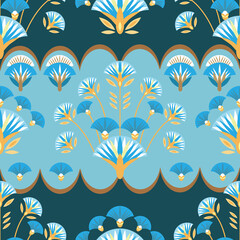 Fototapeta na wymiar Seamless pattern vector illustration of the Egyptian ancient ornament with a lotus flower, leaves, papyrus, palm tree. Egyptian culture element For wallpaper, wrapping, paper, fabric, background