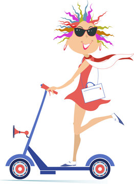 Cheerful woman rides on scooter illustration. 
Smiling young woman in sunglasses rides on an ecologically clean urban vehicle isolated on white background
