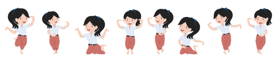 Cartoon character girl student traditional Thai dancer set