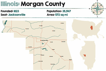 Large and detailed map of Morgan county in Illinois, USA.