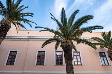 Neoclassical building facade and palm tree at Syros island, Ermoupolis town, Greece