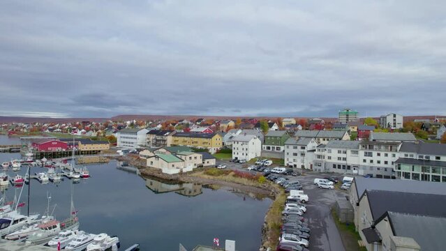 Aerial shot of the harbor in Vads&oslash;, Norway
