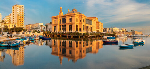 Bari - The panorama of harbor and Teatro Margherita in the morning light.