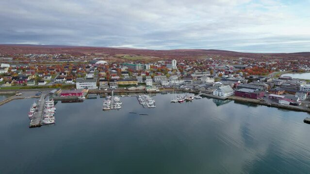 Aerial shot of the harbor in Vads&oslash;, Norway