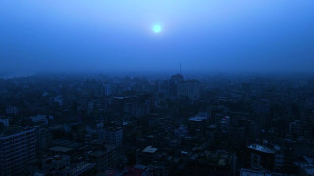 Full moon light above Dhaka city vibe at night, Bangladesh. Aerial
