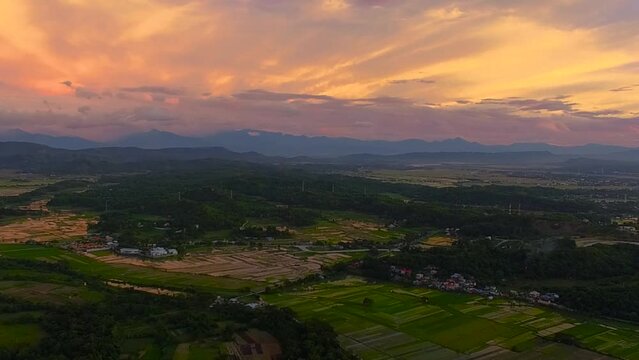 majestic sunset, last rays on Cagayan fields, Philippines, aerial view
