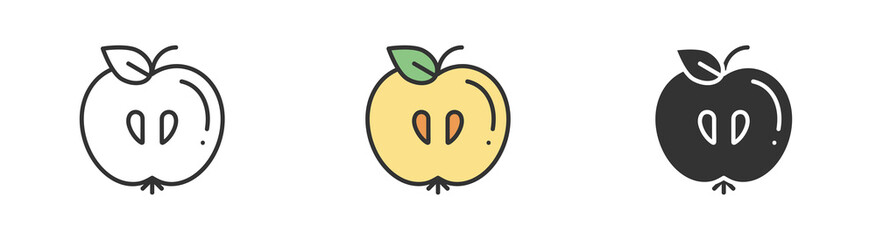 Simple minimalism apple in three variations. Outline, colorful and glyph vector flat illustration