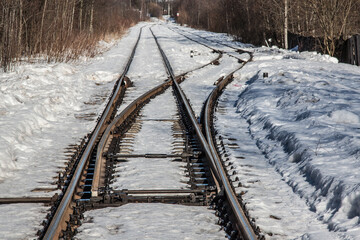 railway tracks close-up in winter 
