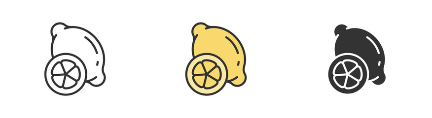 Simple minimalism lemon in three variations. Outline, colorful and glyph vector flat illustration