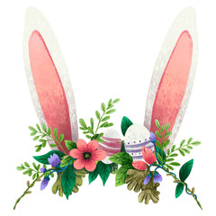 illustration for Easter wreath on the head with bunny ears eggs and flowers